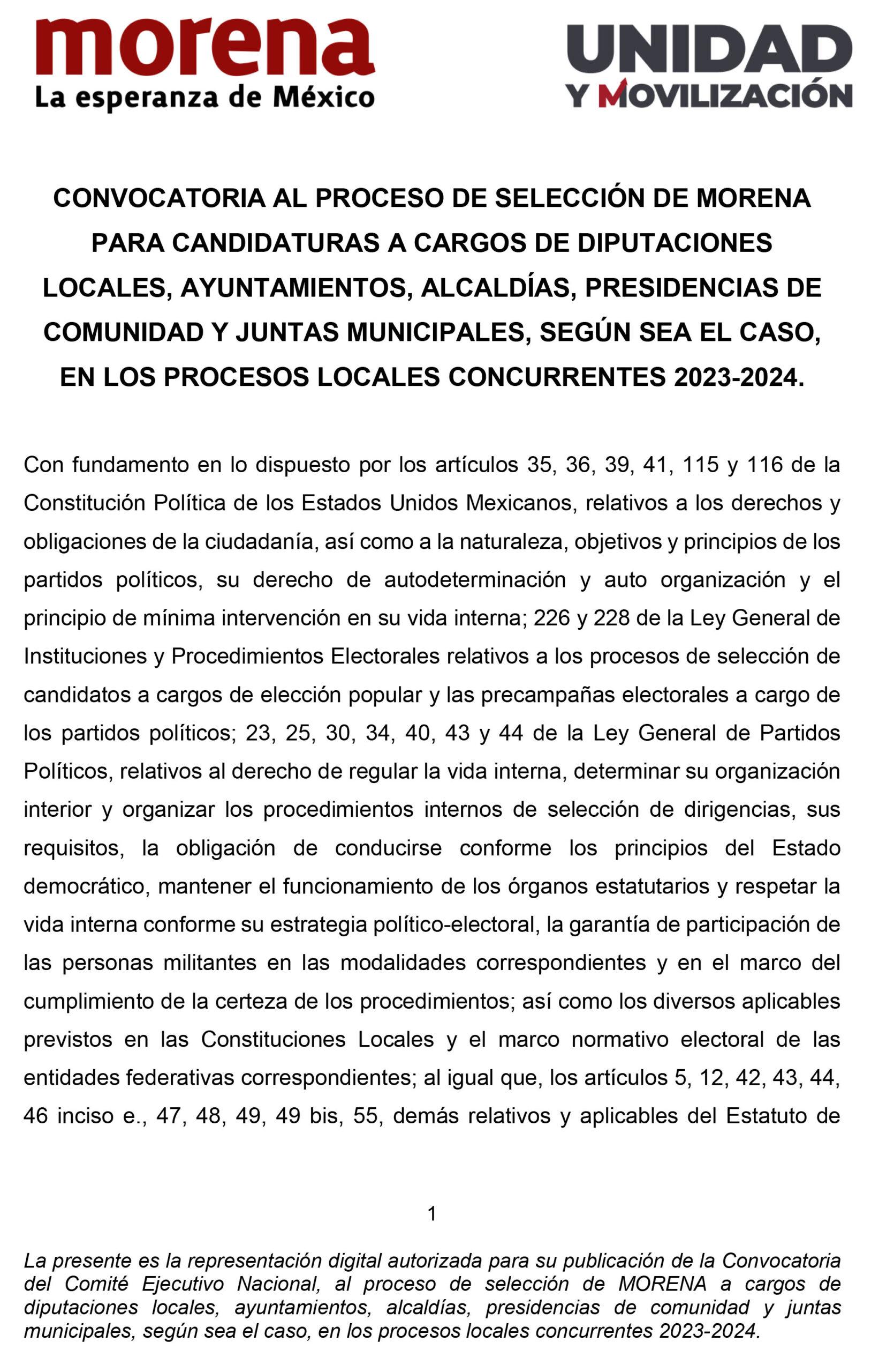 CONVOCATORIA AL PROCESO DE SELECCIÓN DE MORENA PARA CANDIDATURAS 2023