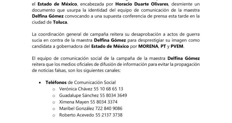 Desmiente Campaña de Delfina Gómez convocatoria FALSA a conferencia de prensa; reitera su condena a actos de guerra sucia