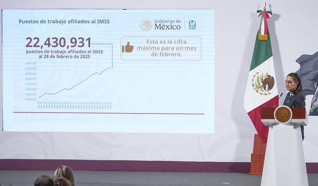 Presidenta Claudia Sheinbaum celebra cifra histórica de 22 millones 430 mil 931 empleos afiliados al IMSS al 28 de febrero