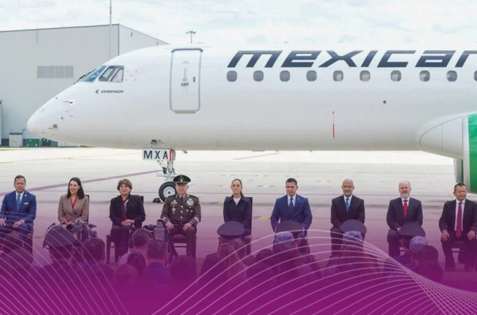 Delfina Gómez atestigua el arribo del avión Embraer E195-E2 de Mexicana
